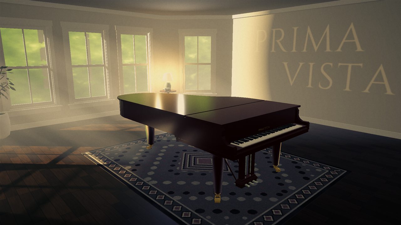 A grand piano in a sunlit room; sunlight writes Prima Vista on the wall.